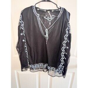 Free People Eden Embroidered Black Tie Mesh Long Sleeve Blouse Top M